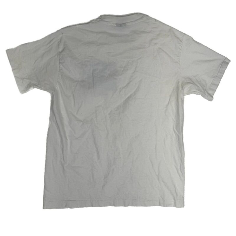 White cotton short-sleeve vintage T-shirt, back view, with light wrinkles, no designs or logos; classic Def Leppard style.