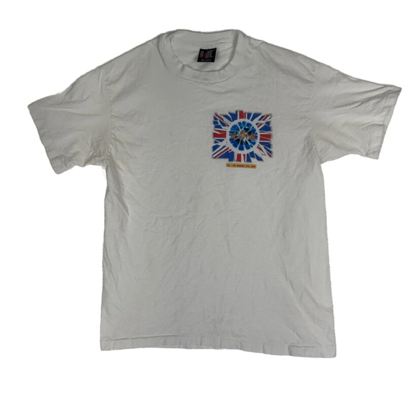 White cotton short-sleeve t-shirt with globe and stylized Union Jack graphic, vintage Def Leppard style, small tag beneath design.