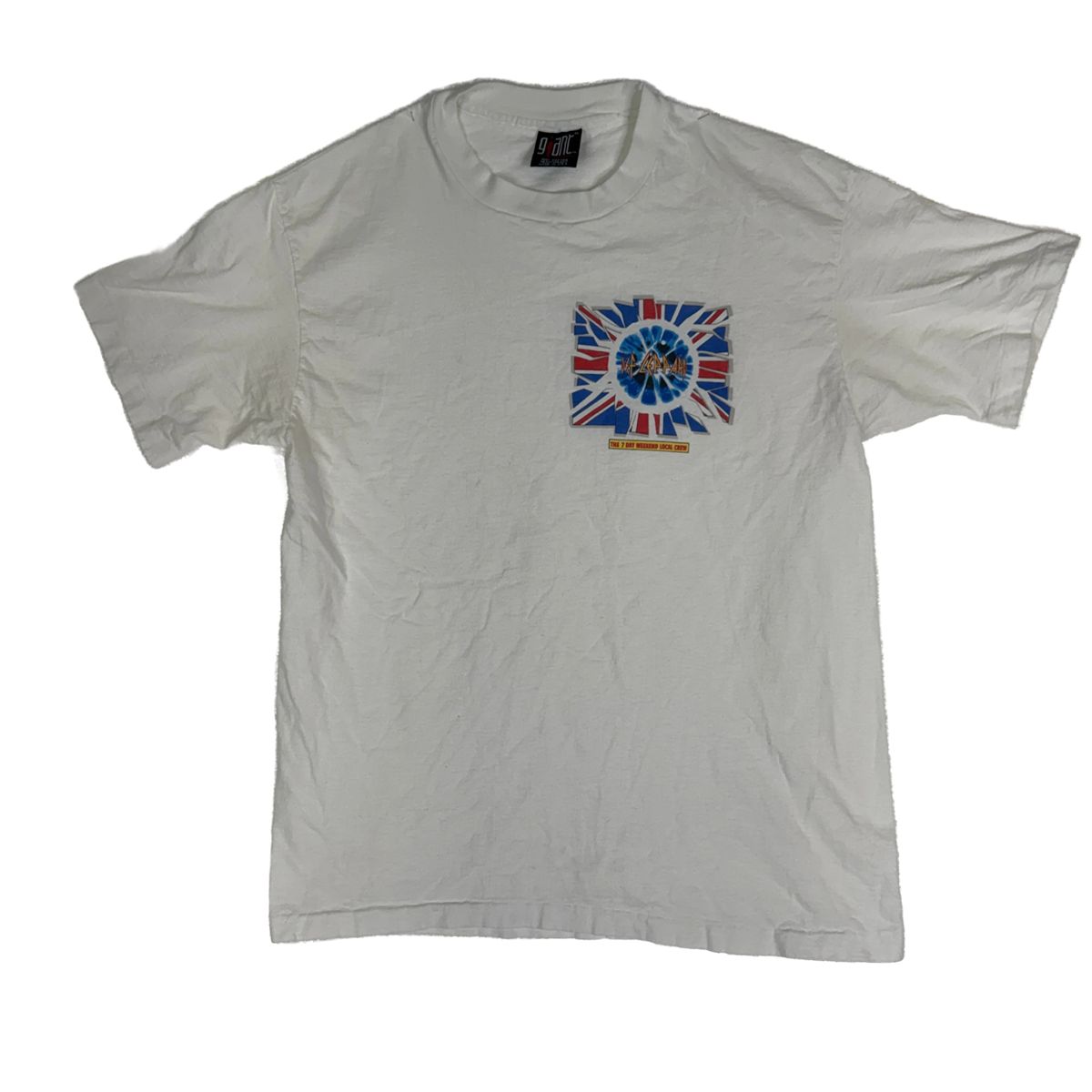 White cotton short-sleeve t-shirt with globe and stylized Union Jack graphic, vintage Def Leppard style, small tag beneath design. White cotton short-sleeve t-shirt with globe and stylized Union Jack graphic, vintage Def Leppard style, small tag beneath design.