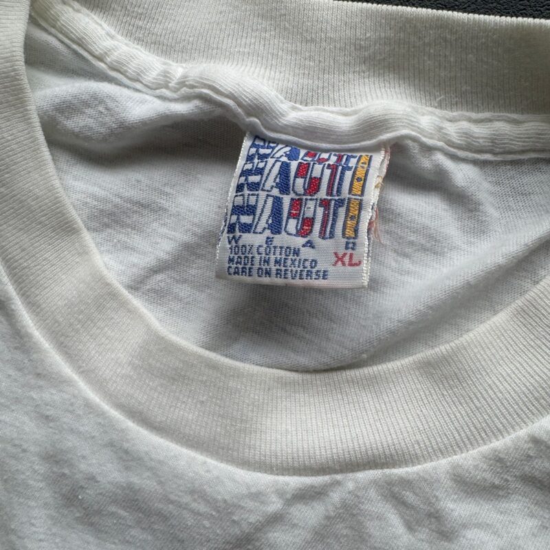 White 100 cotton vintage R.E.M. Local Crew t-shirt, colorful Fruit of the Loom label, XL, 1989 tour, classic band apparel.