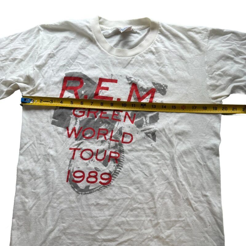 White cotton R.E.M. Green World Tour 1989 vintage concert shirt with chest width measured by tape.