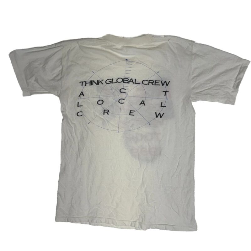 White cotton R.E.M. Green World Tour 1989 style T-shirt with circular text, blue network lines, and dots on front.