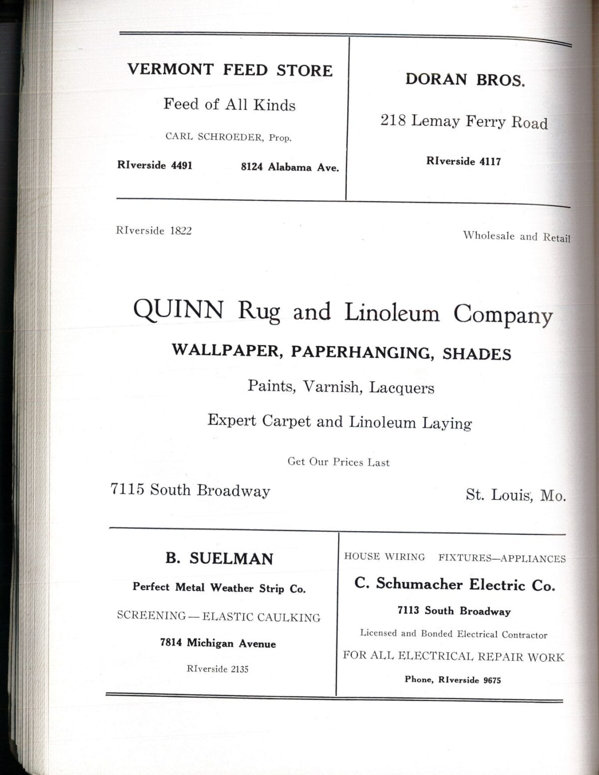 A page of business advertisements featuring stores and services, mainly for rugs, feed, and electrical work.