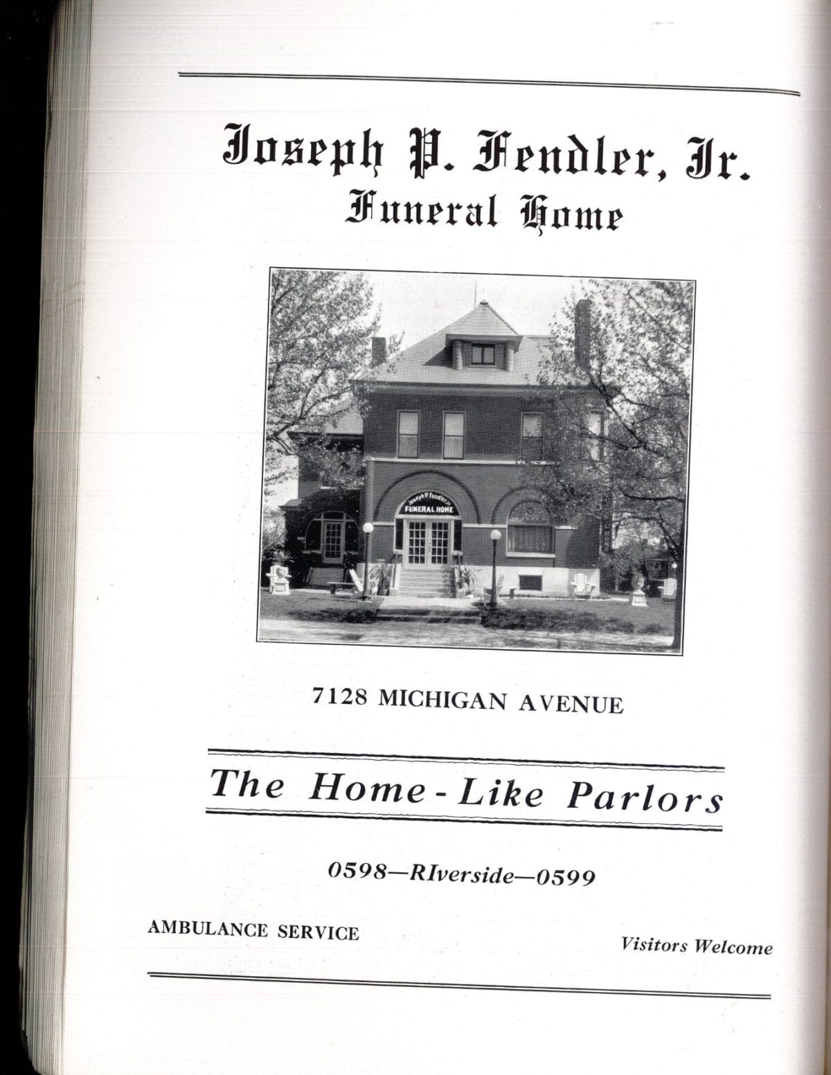 Black and white ad for Joseph P. Fendler, Jr. Funeral Home with a photo of a brick house and address.