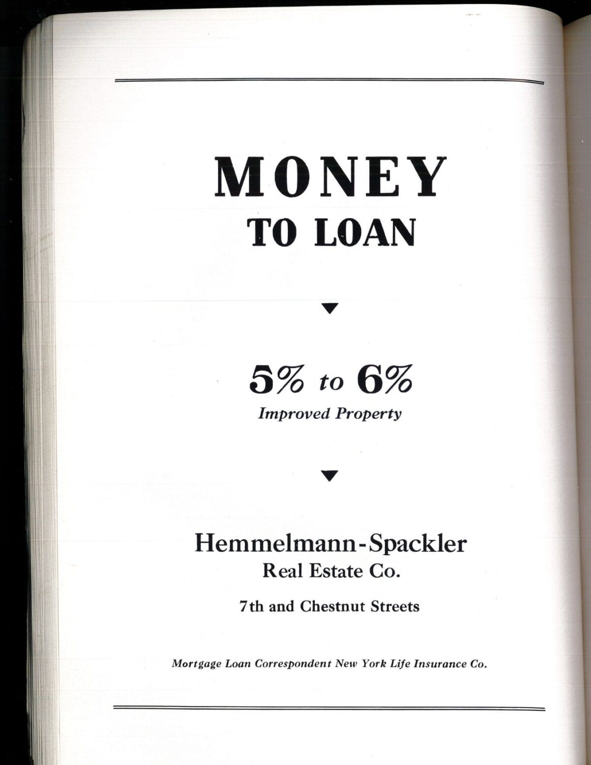 Advertisement offering money to loan at 5% to 6% interest by Hemmelmann-Spackler Real Estate Co.