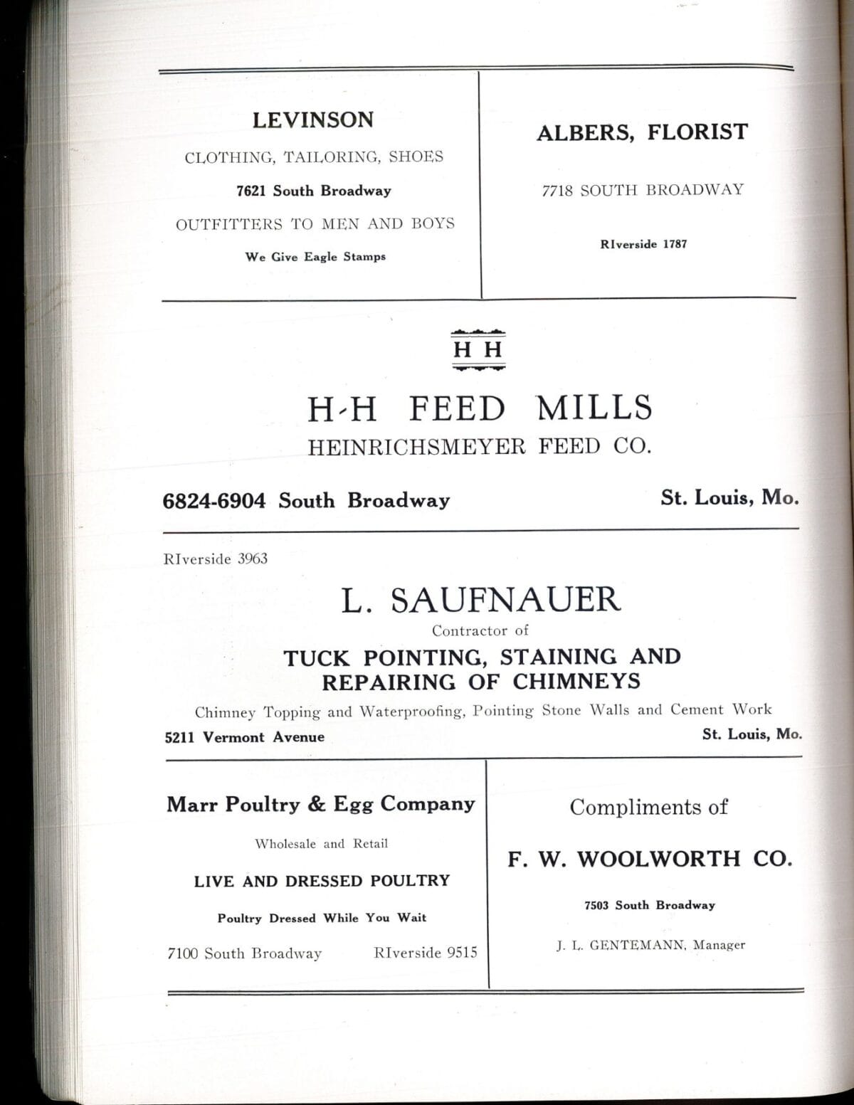 A page with vintage business ads for shops, florists, feed mills, contractors, and grocers in St. Louis.