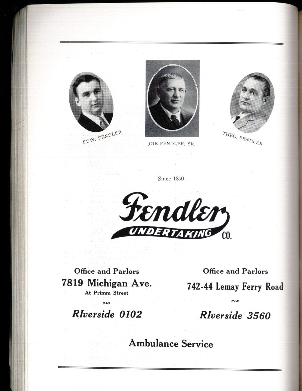 Three black-and-white portraits of men above a Fendler Undertaking Co. ad with addresses and phone numbers.
