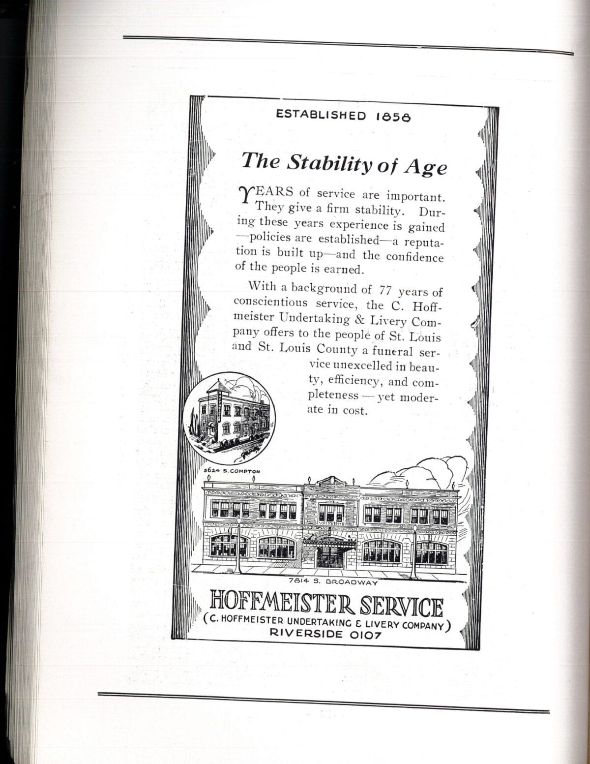 Vintage ad for Hoffmeister Service with illustration of a building and text about their 77 years of service.