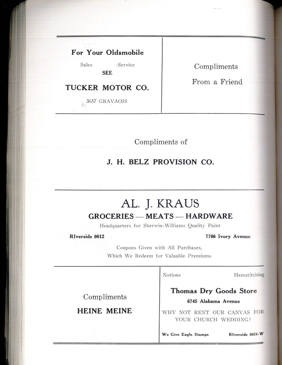 A page of black and white business ads for local services, groceries, hardware, and goods.