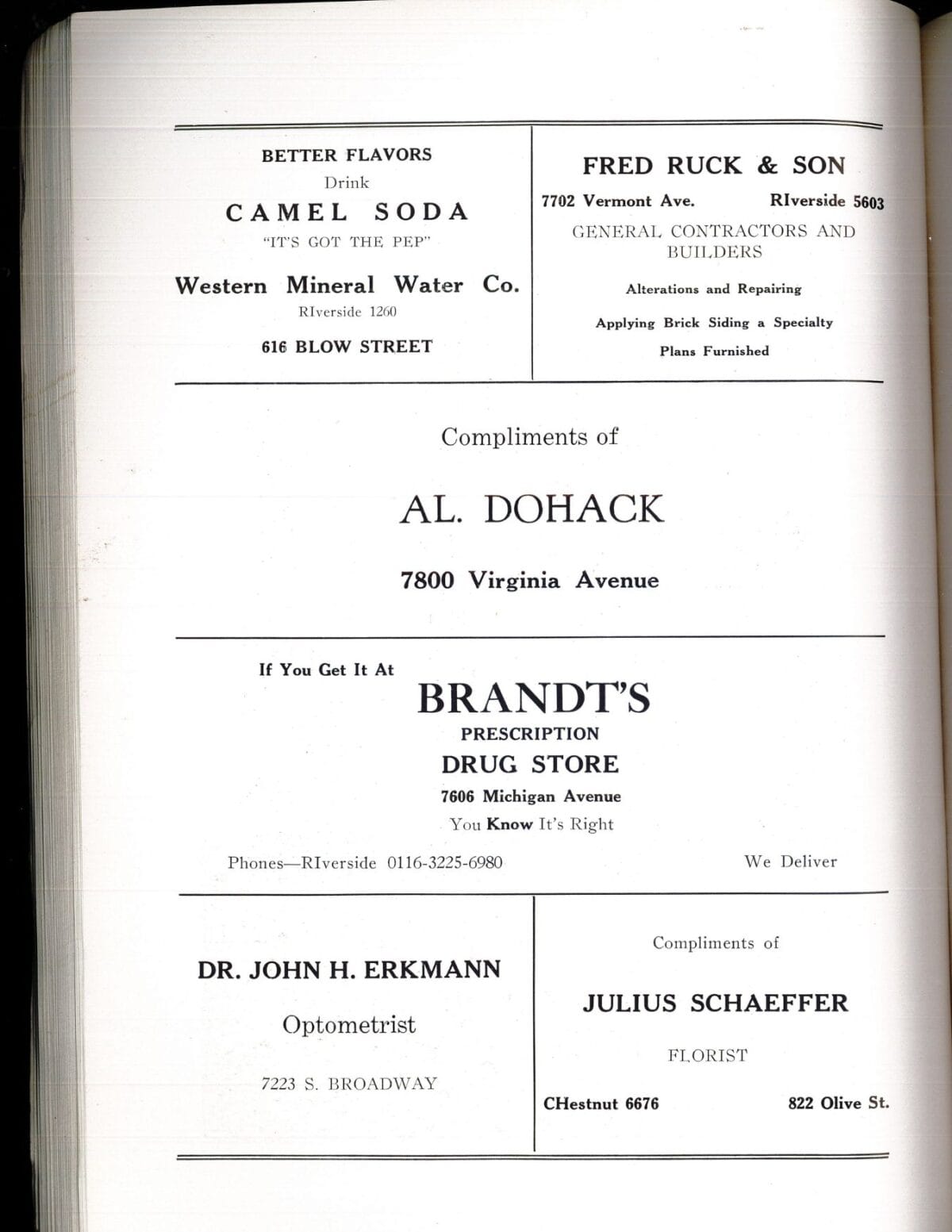A page of vintage business advertisements, including a drug store, florist, optometrist, and soda company.
