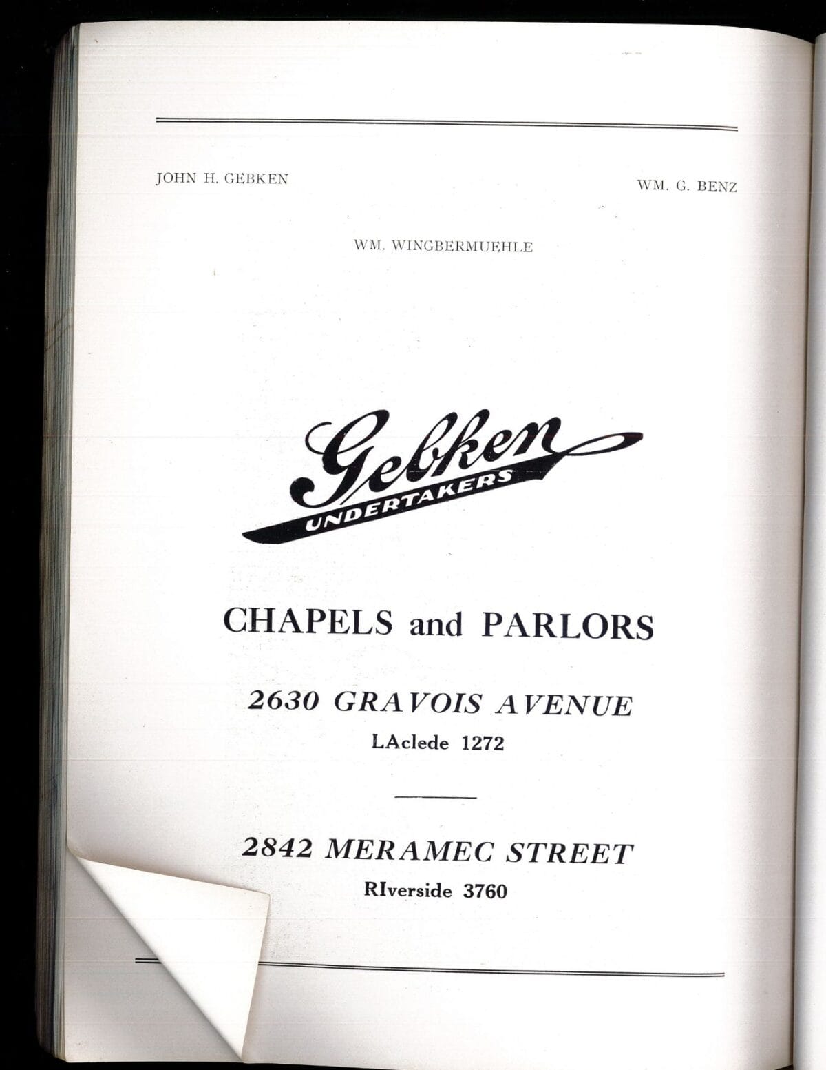Gebken Undertakers ad with addresses and phone numbers for chapels on Gravois Ave and Meramec St.