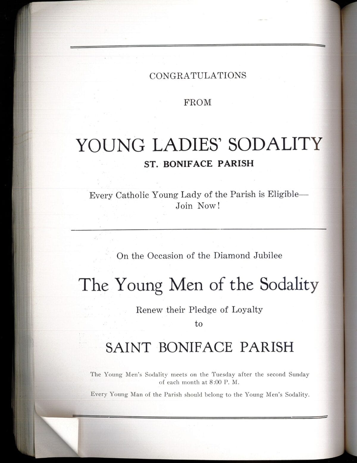 A church bulletin page congratulating Young Ladies' Sodality and Young Men of the Sodality at St. Boniface Parish.