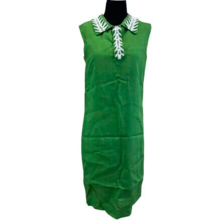 Vintage 1960s Kelly Green Linen Shift Dress, size M/L (36” bust), features a sleeveless design and a beaded collar, displayed on a black dress form.