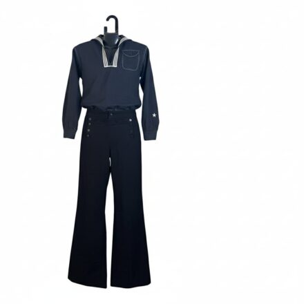 Vintage U.S. Navy Dress Blue Wool Uniform Set—Jumper 40S and Trousers 33R in navy blue with white trim, long sleeves, and wide-leg trousers displayed on a black mannequin; a classic vintage navy uniform ensemble.