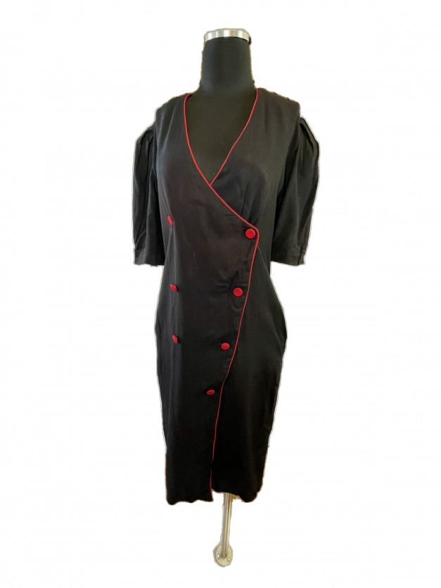 A 1980s does the 1940s pinup wrap dress by Cactus NYC on a mannequin dummy.