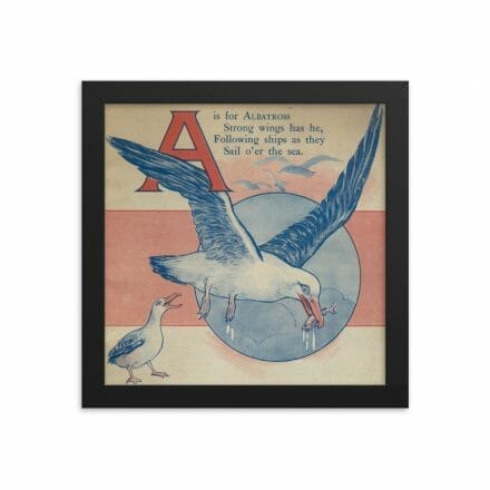A framed poster featuring a seagull flying over the "A is for Albatross" letter.