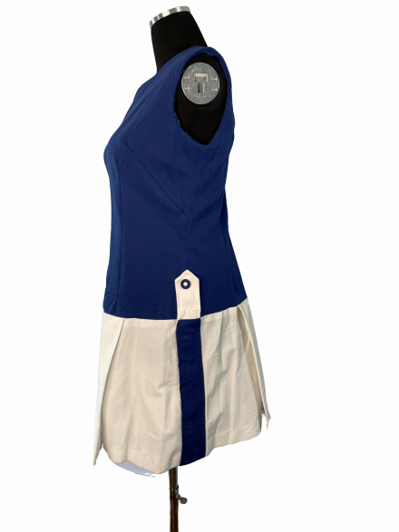 A blue and white Vaya vintage 1970s tennis dress sports outfit on a mannequin dummy.