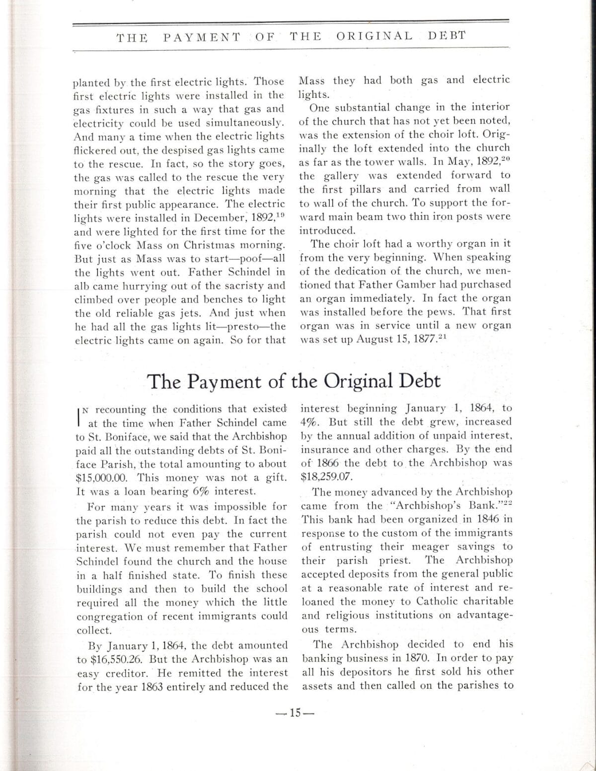 A page from a book discussing church debt payment and early gas and electric light installations.