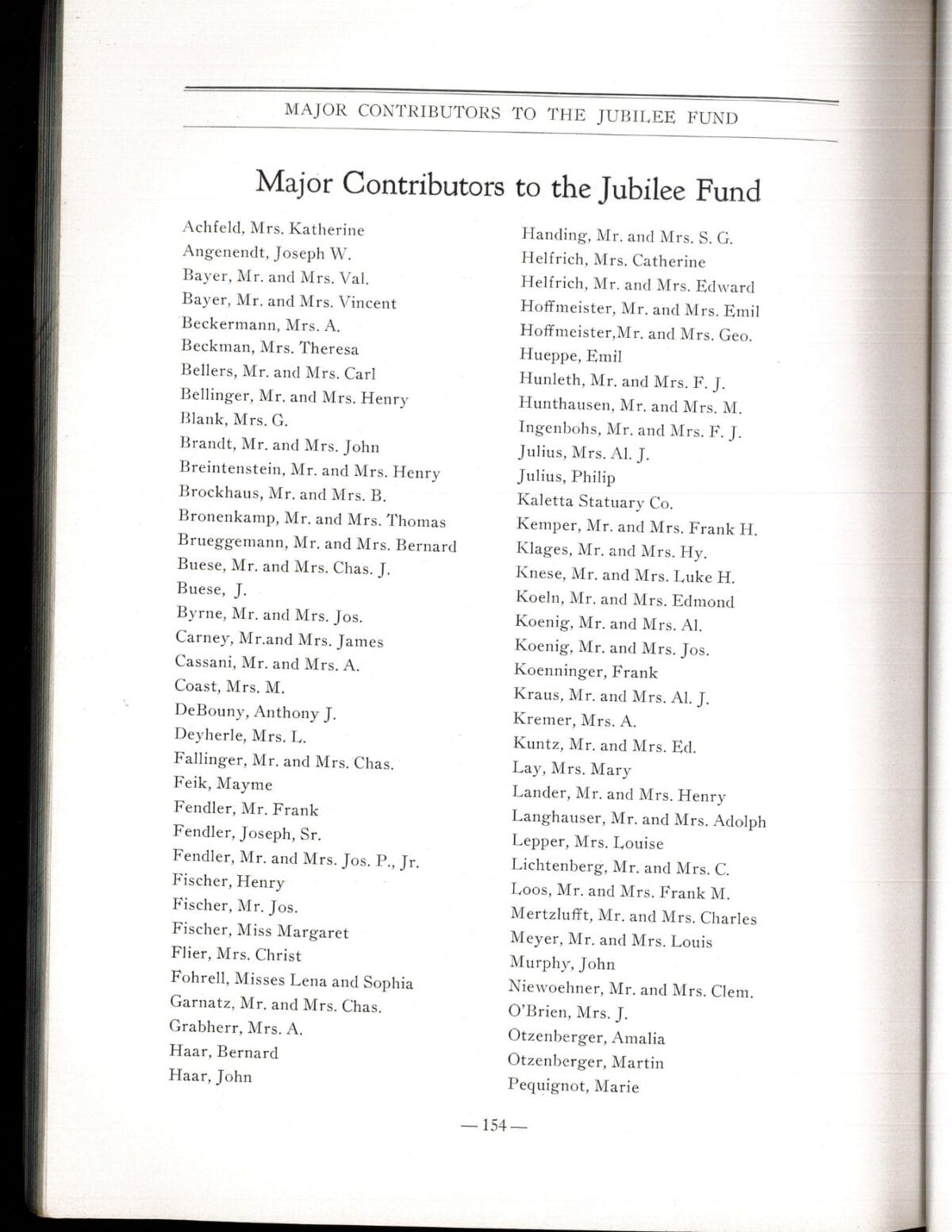 A typed list of names titled "Major Contributors to the Jubilee Fund" on a page from a book.