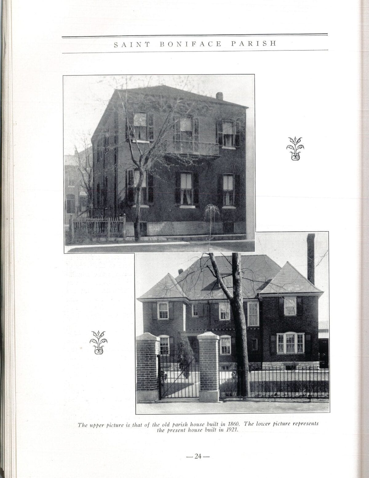 Two black-and-white photos of brick parish houses from 1860 and 1921, with a tree in front of each building.