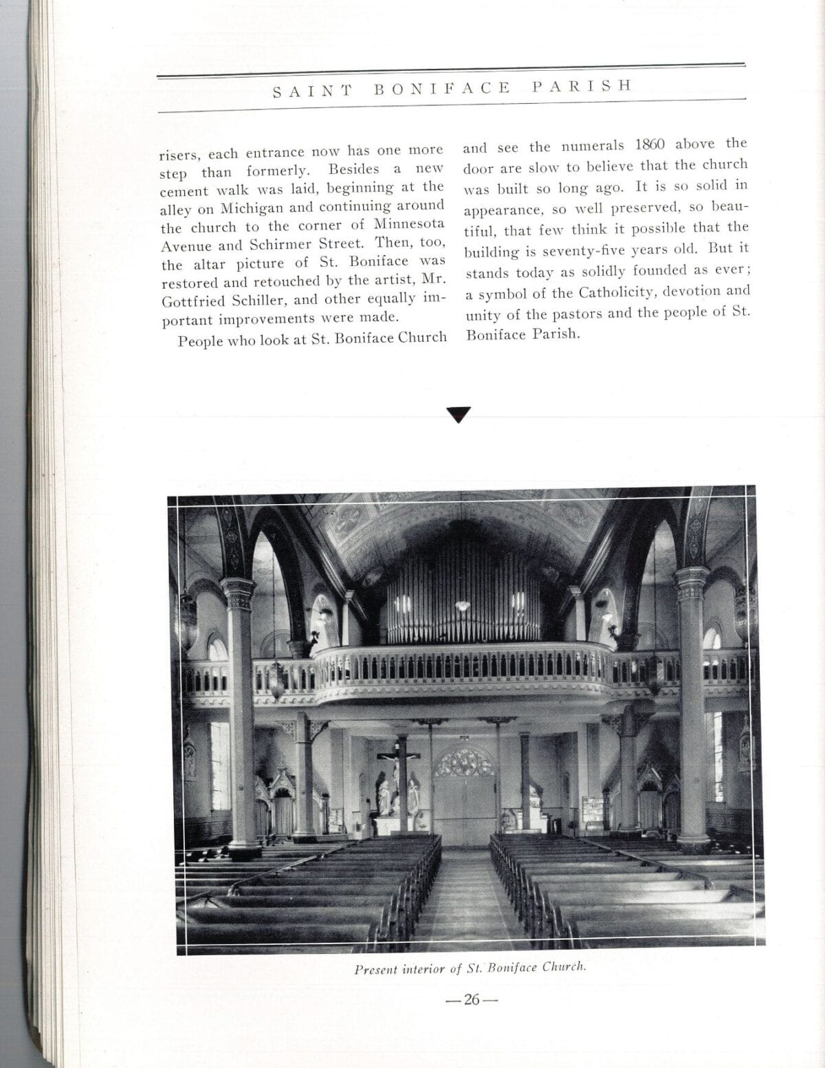 Black and white photo of St. Boniface Church interior, showing rows of pews and vaulted arches.