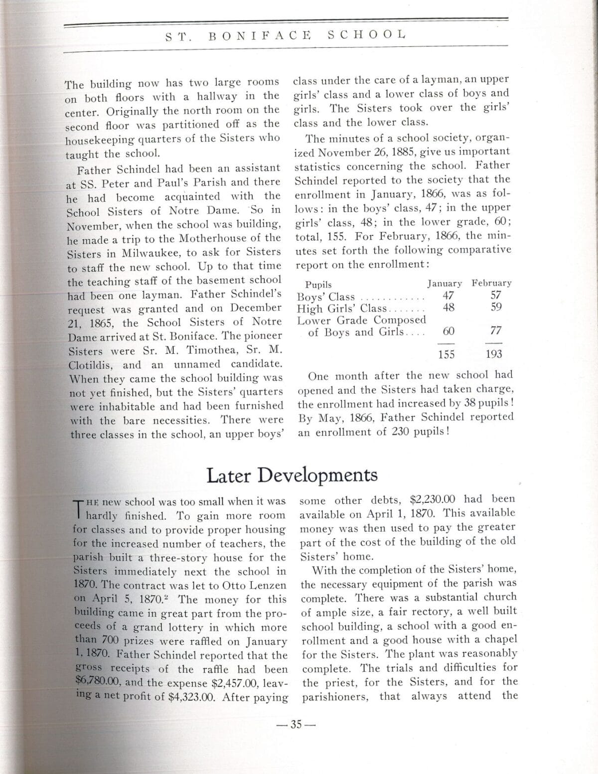 A black-and-white page from a book detailing the history of St. Boniface School, including a student chart.
