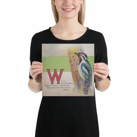 A woman is displaying a poster with a W is for Woodpecker print from her ABC Book of Birds.